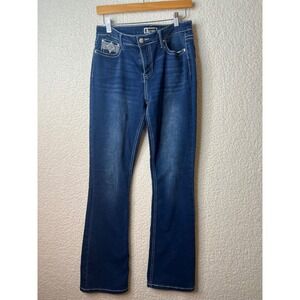 Soundgirl Womens Dark Wash Bootcut Jeans Embroidered Flap Pocket Blue Size 9